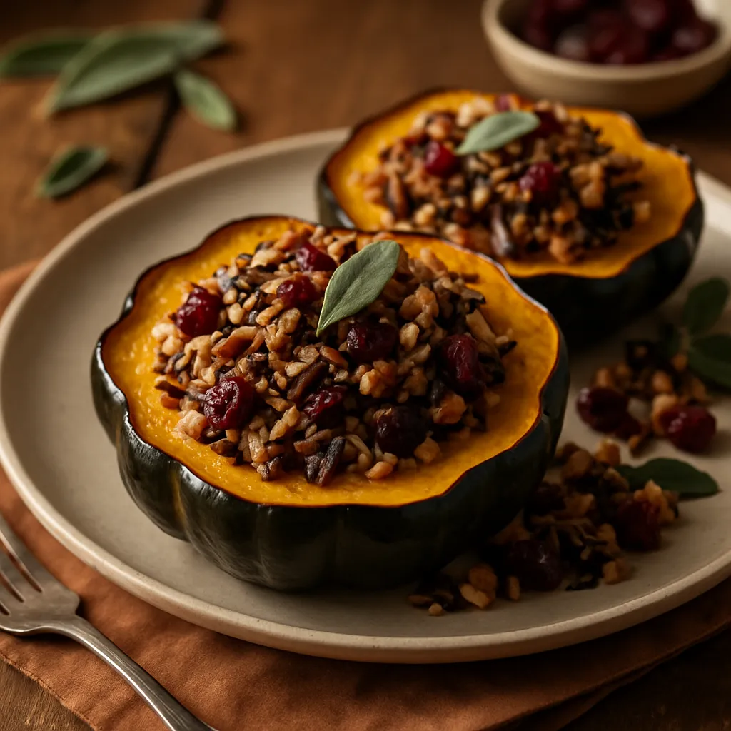 Stuffed Acorn Squash with Wild Rice and Cranberries