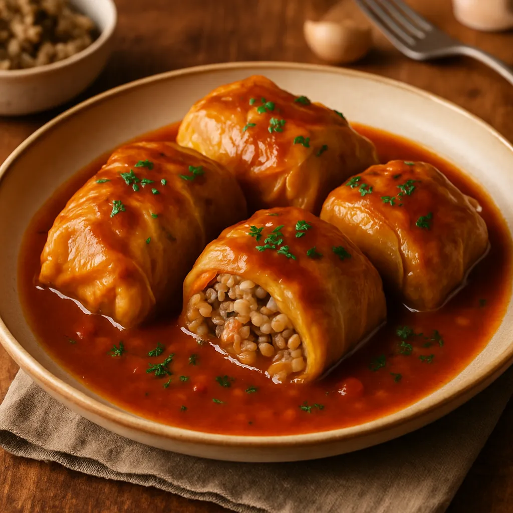 Braised Cabbage Rolls with Mushroom Rice