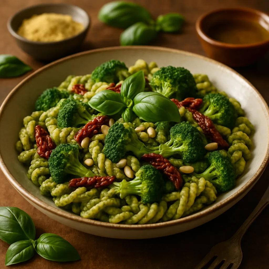 Vegan Pesto Pasta with Broccoli and Sun-Dried Tomatoes