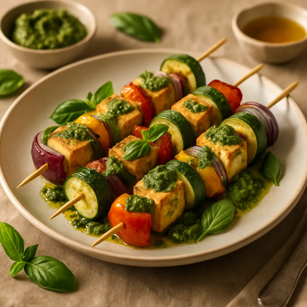 Grilled Tofu Skewers with Pesto and Vegetables