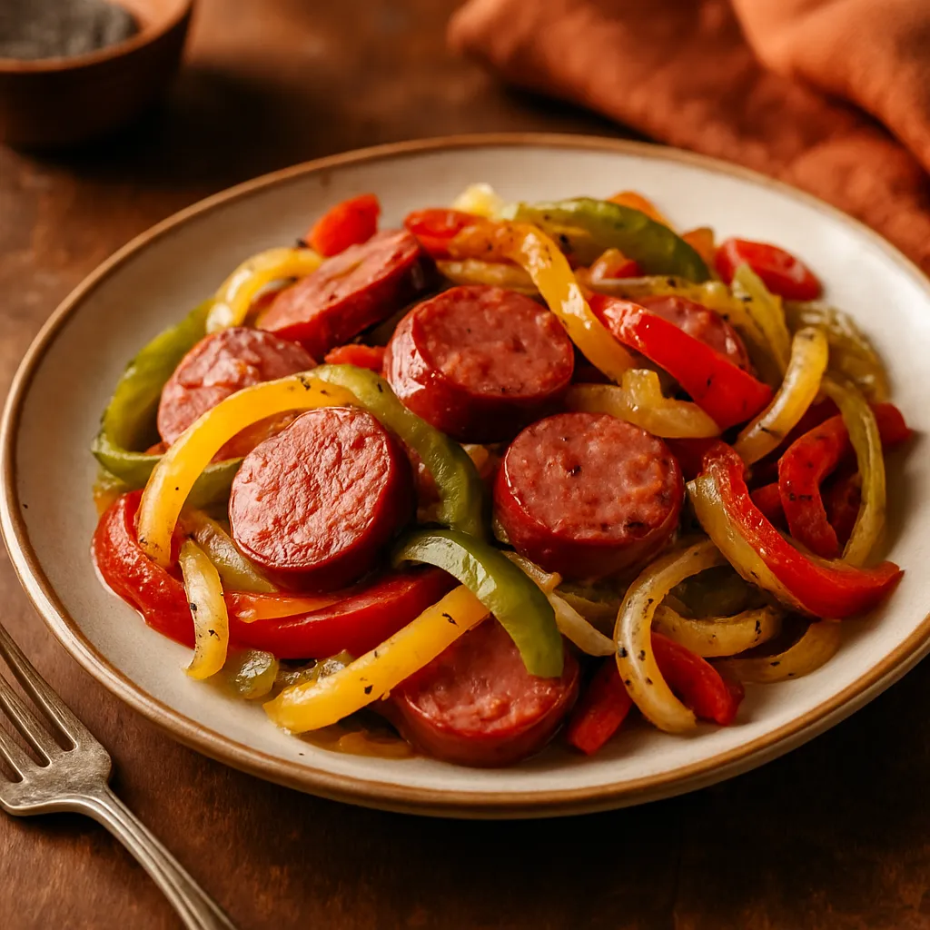 Photo of BBQ Smoked Sausage with Peppers and Onions