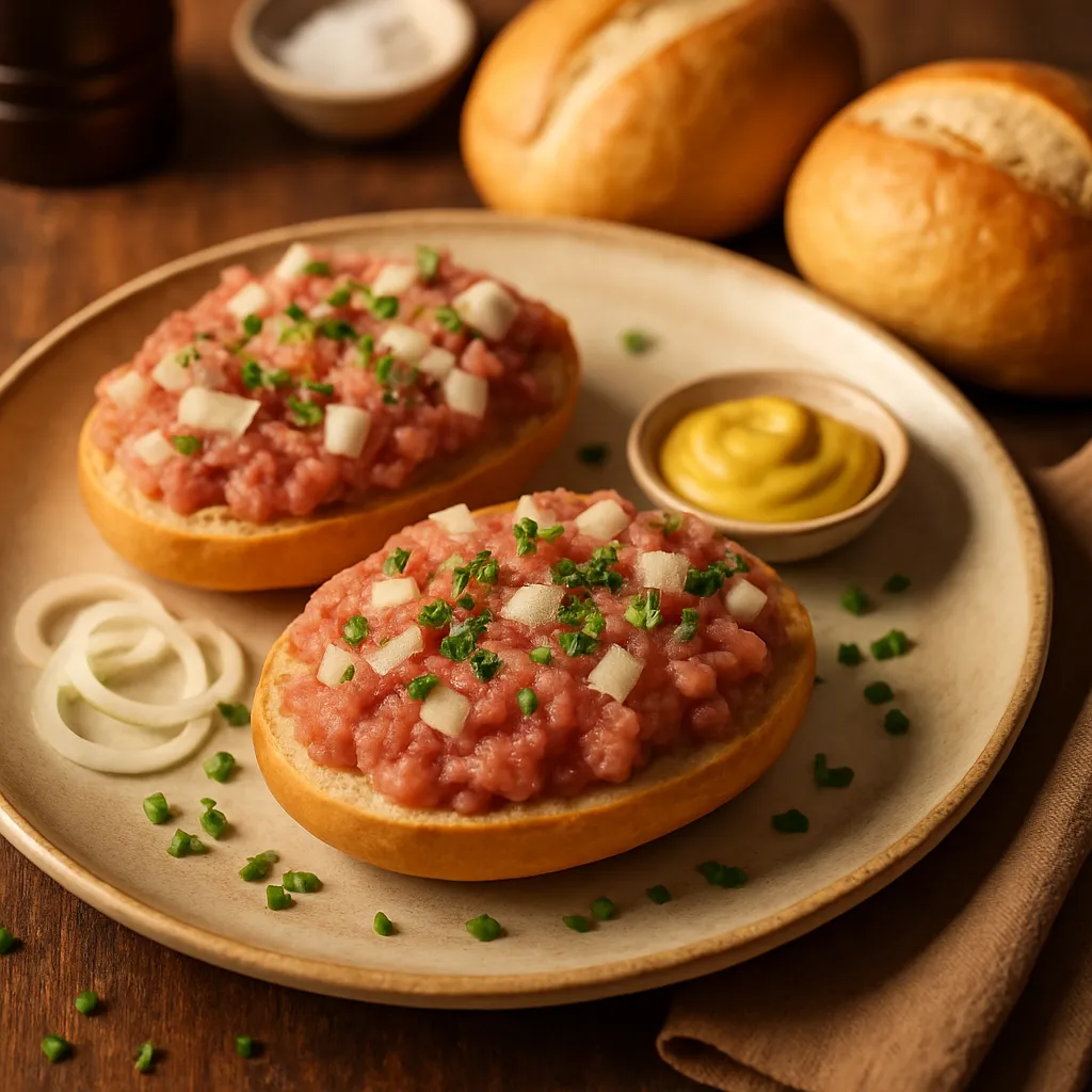 Zwiebelmett mit Brötchen