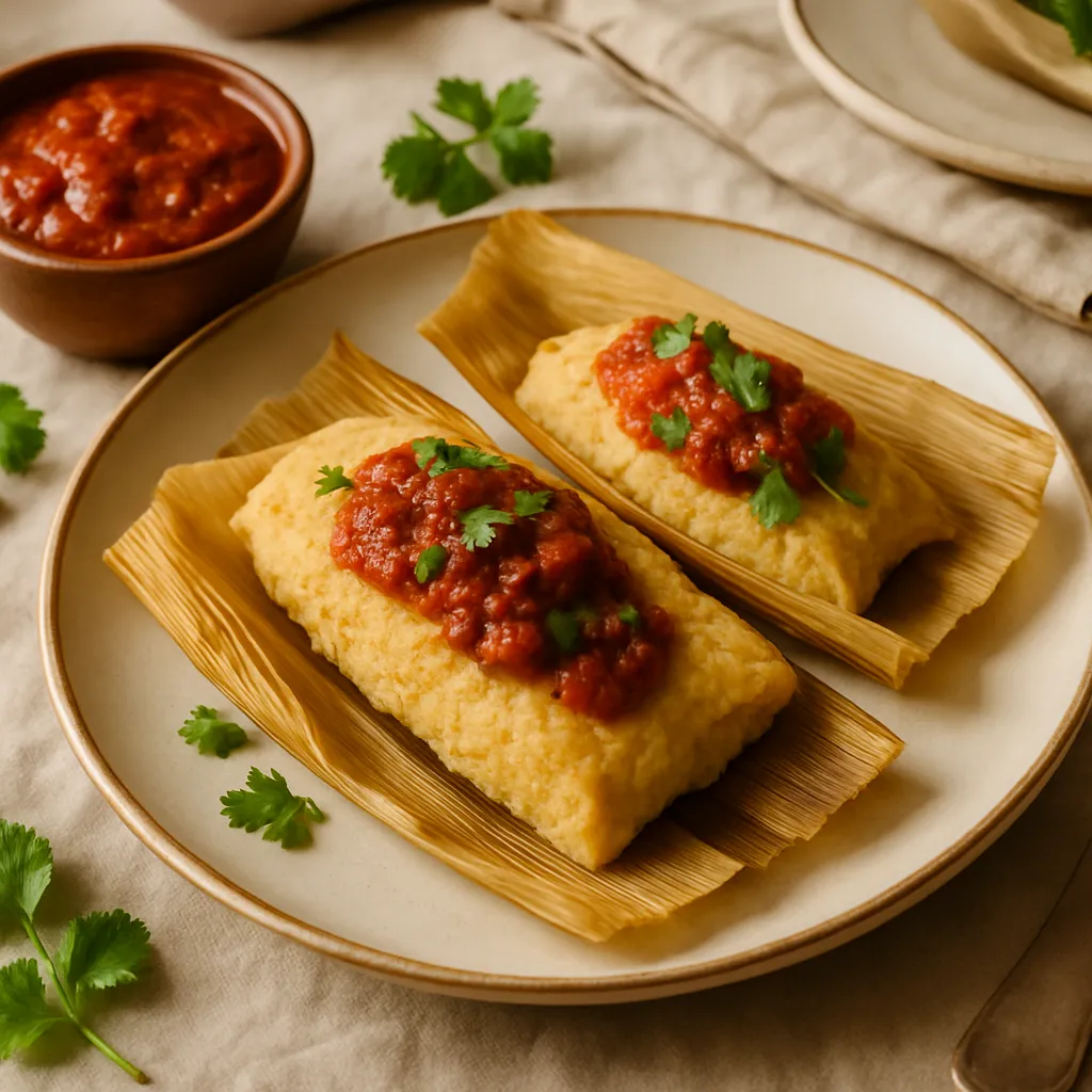 Steamed Corn Tamales with Roasted Red Salsa