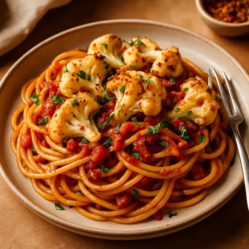 Spicy Vegan Arrabbiata Pasta with Roasted Cauliflower