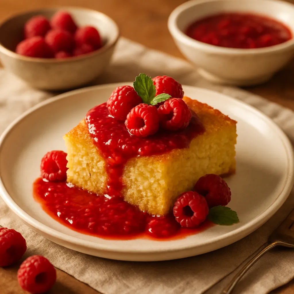 Baked Polenta Cake with Almond Flour and Raspberry Sauce