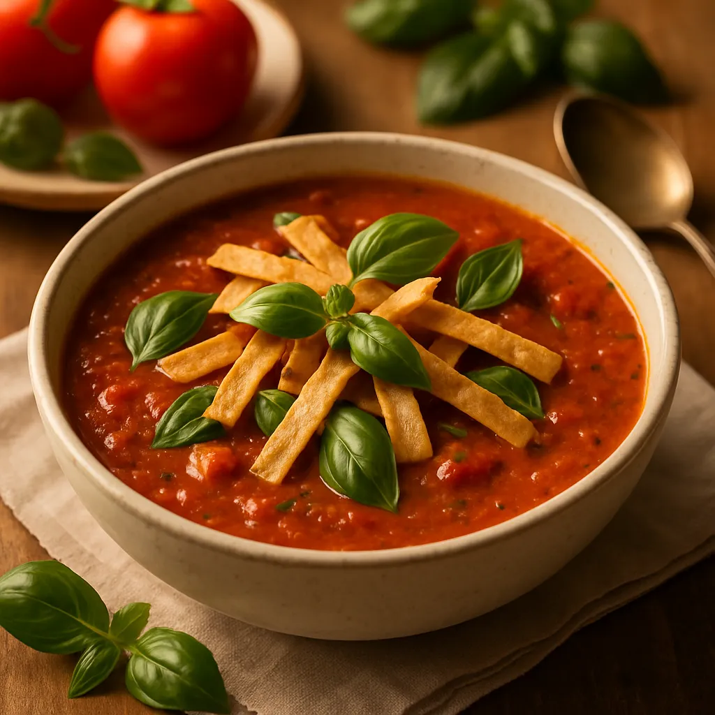 Roasted Tomato and Basil Soup with Tortilla Strips