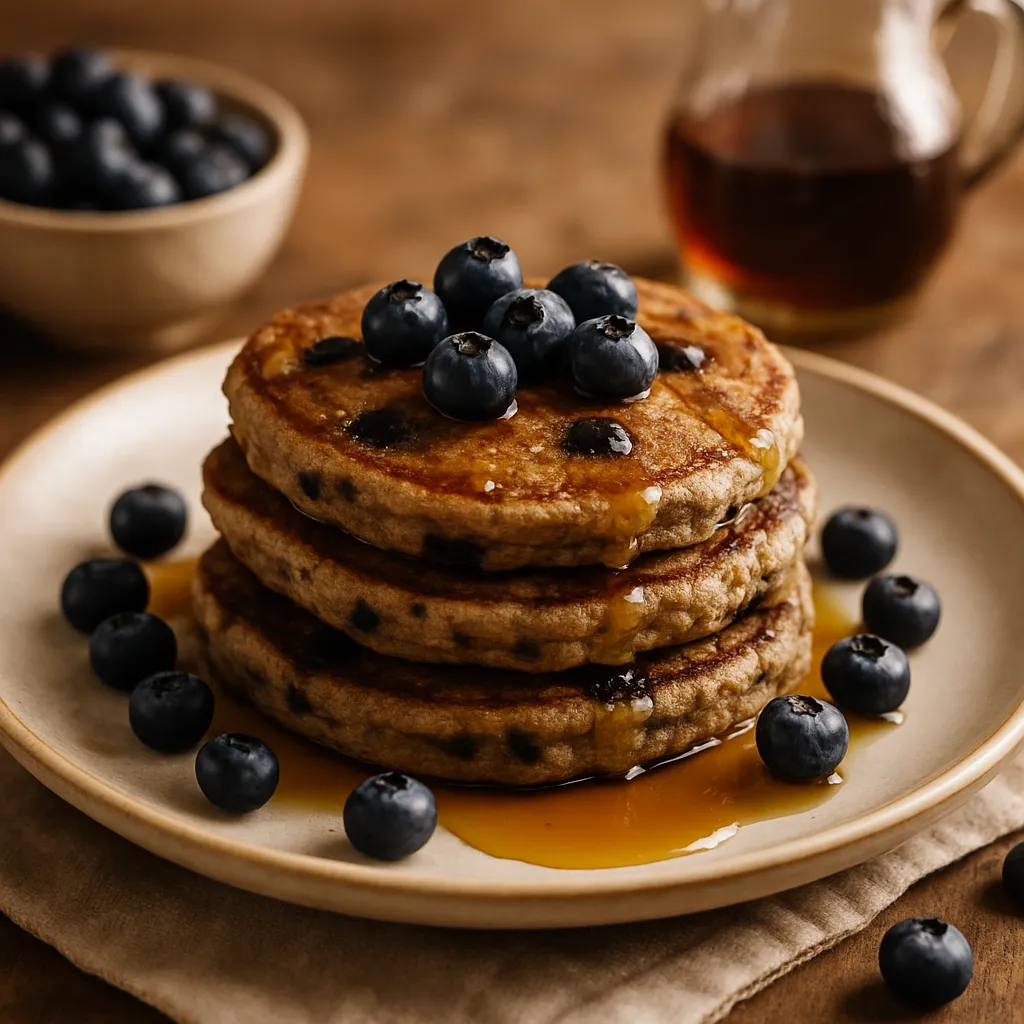 Blueberry Buckwheat Pancakes with Maple Syrup