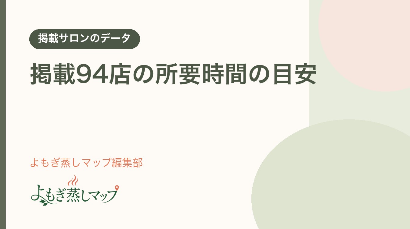 「掲載94店の所要時間の目安」と書かれた、よもぎ蒸しマップ編集部のタイトル入りサムネイル
