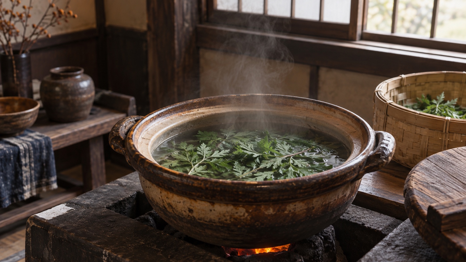 伝統的な土鍋でよもぎを煮出している昔ながらの台所の様子
