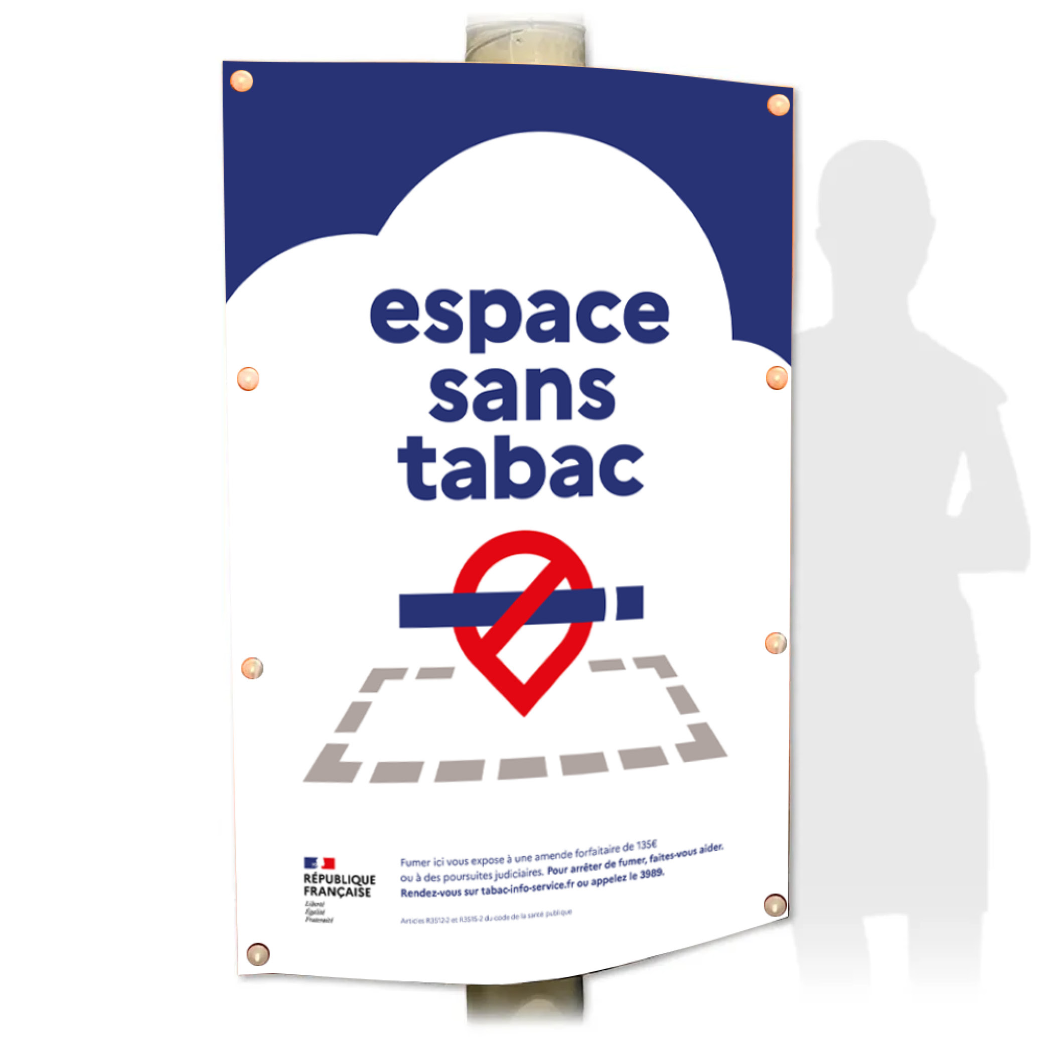 Signalétique officielle « Espace sans tabac » , accompagné d'un pictogramme représentant une cigarette barrée d'une croix rouge.
Cette signalétique vous permet de vous conformer à la réglementation en vigueur depuis le 29 juin 2025.
Rappelez l’interdiction de fumer dans les lieux extérieurs avec un visuel conforme à la Charte de l’Etat français.

Vendus par lot de 2. Panneau alvéolaire épaisseur 3,5 mm, impression recto. Format 80x120 cm avec 12 perforations et un pli central pour le conditionnement. Fourniture de 8 clips Ø 28 mm pour attacher les 2 panneaux dos à dos et de 4 rilsans longueur 370 mm pour les fixer au poteau.