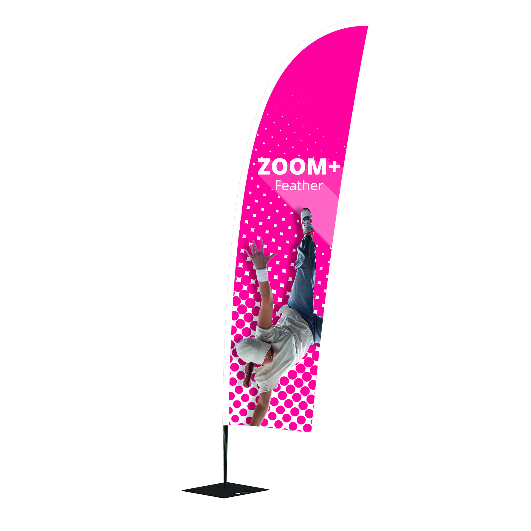 Drapeau Zoom Feather 3,20m avec embase platine noire 12,5kg et ganse noire
Dimension mât + voile montée (h x l) : 3200 x 600 mm
Diamètre interne du mât : 17 mm
Résistance maximale au vent : 29 km/h