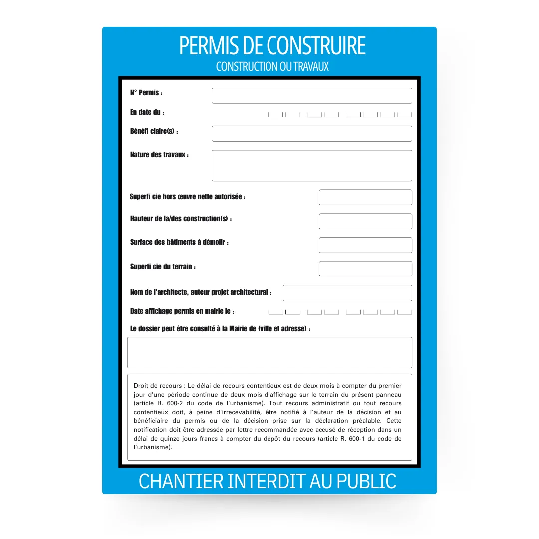 Panneau de chantier 80 x 120 cm, conforme aux réglementations en vigueur. Impression sur Akylux 3 mm ou 5 mm, résistant aux intempéries.