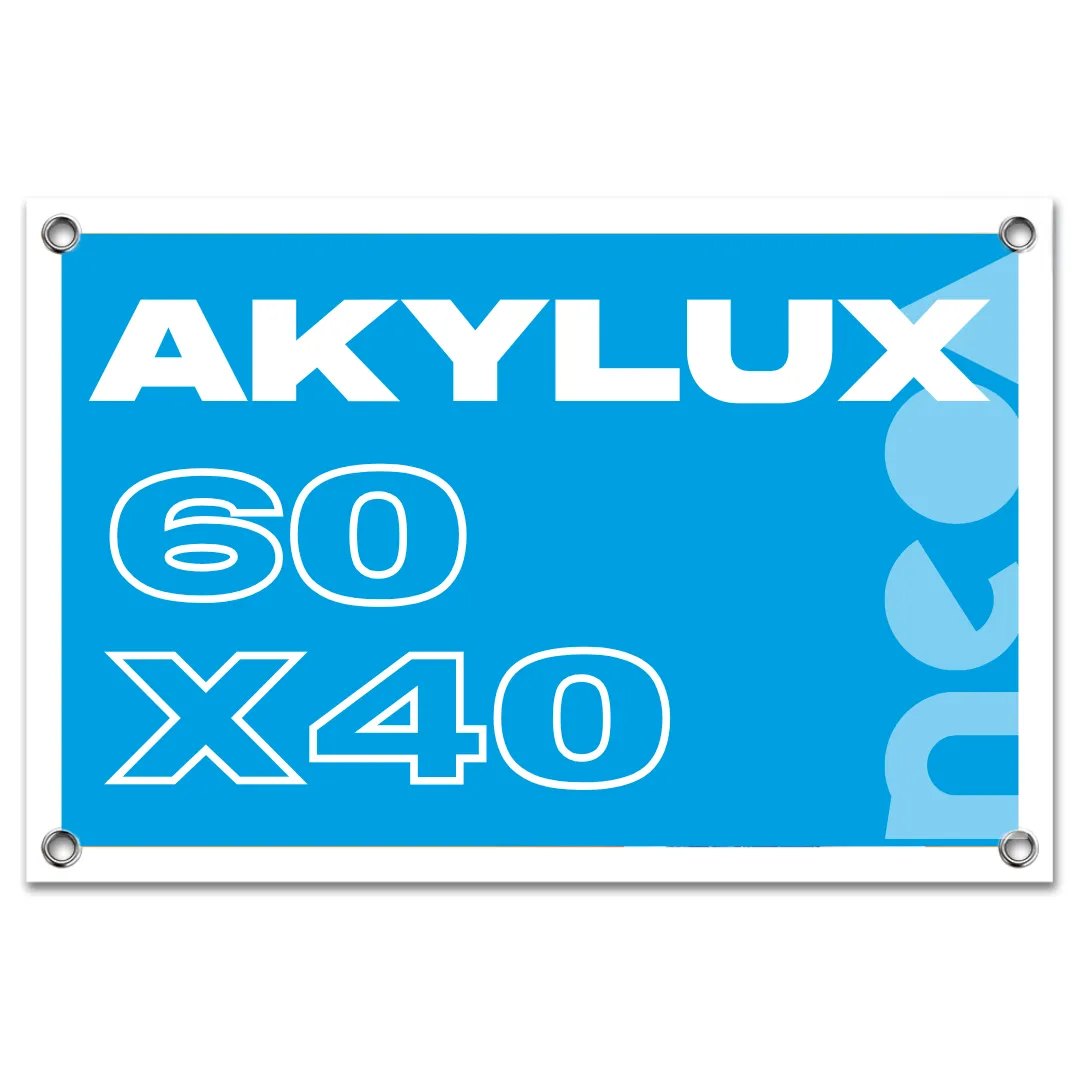Panneau Akylux 60 x 40 cm, ultra-léger et résistant. Impression directe sur support 3 ou 5 mm d’épaisseur. Perforation et œillets en option pour une fixation facile.