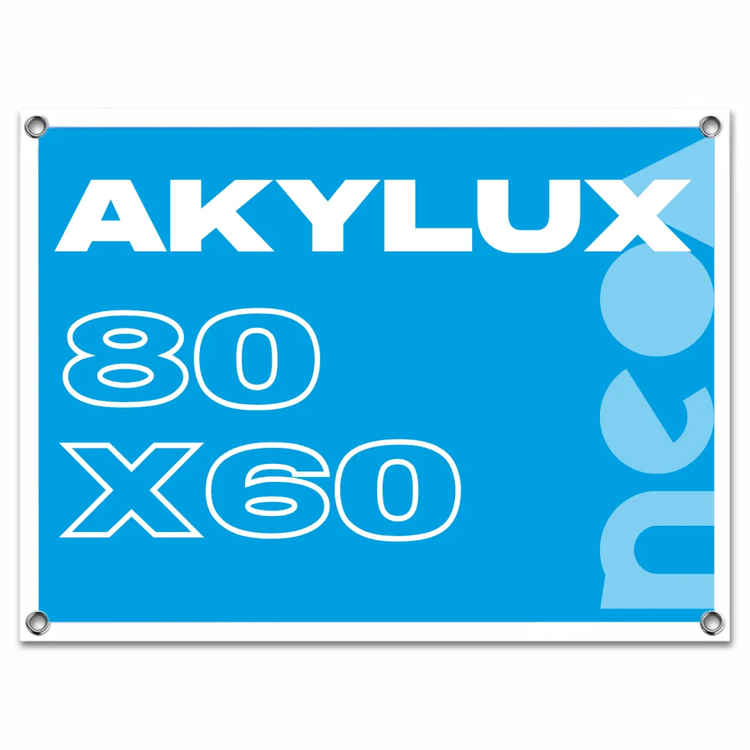 Panneau Akylux 80 x 60 cm, léger et résistant aux intempéries. Impression haute qualité sur support de 3 mm ou 5 mm d’épaisseur. Options de perforation et d'œillets disponibles.