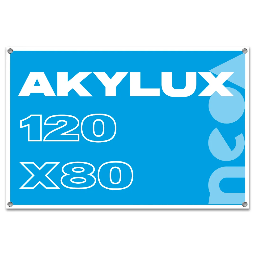 Panneau Akylux 120 x 80 cm, léger et durable. Impression sur support de 3 ou 5 mm d’épaisseur, résistant aux conditions extérieures. Fixation possible avec perforations et œillets.