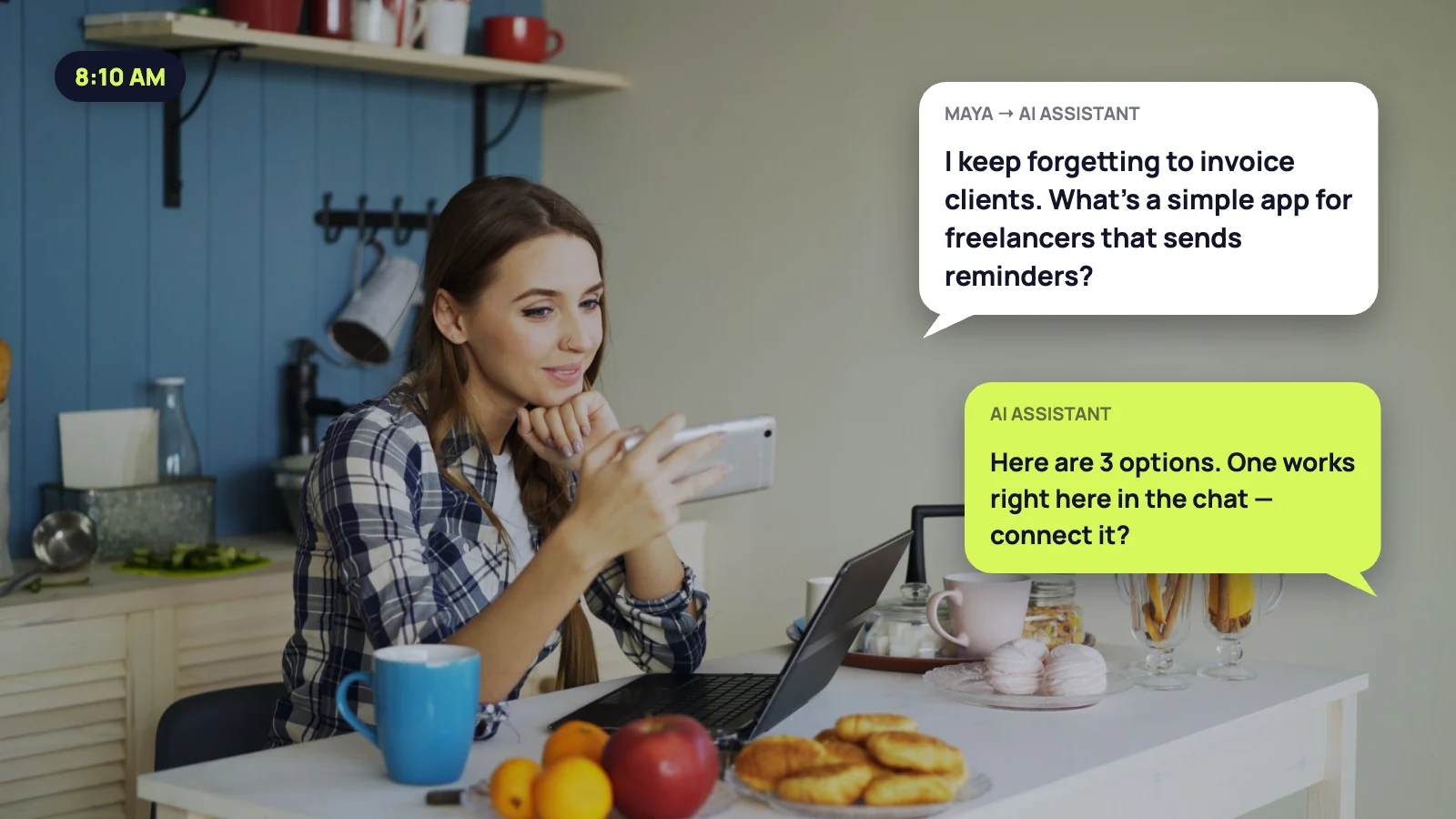 Woman at breakfast asking an AI assistant to recommend an invoicing app for freelancers