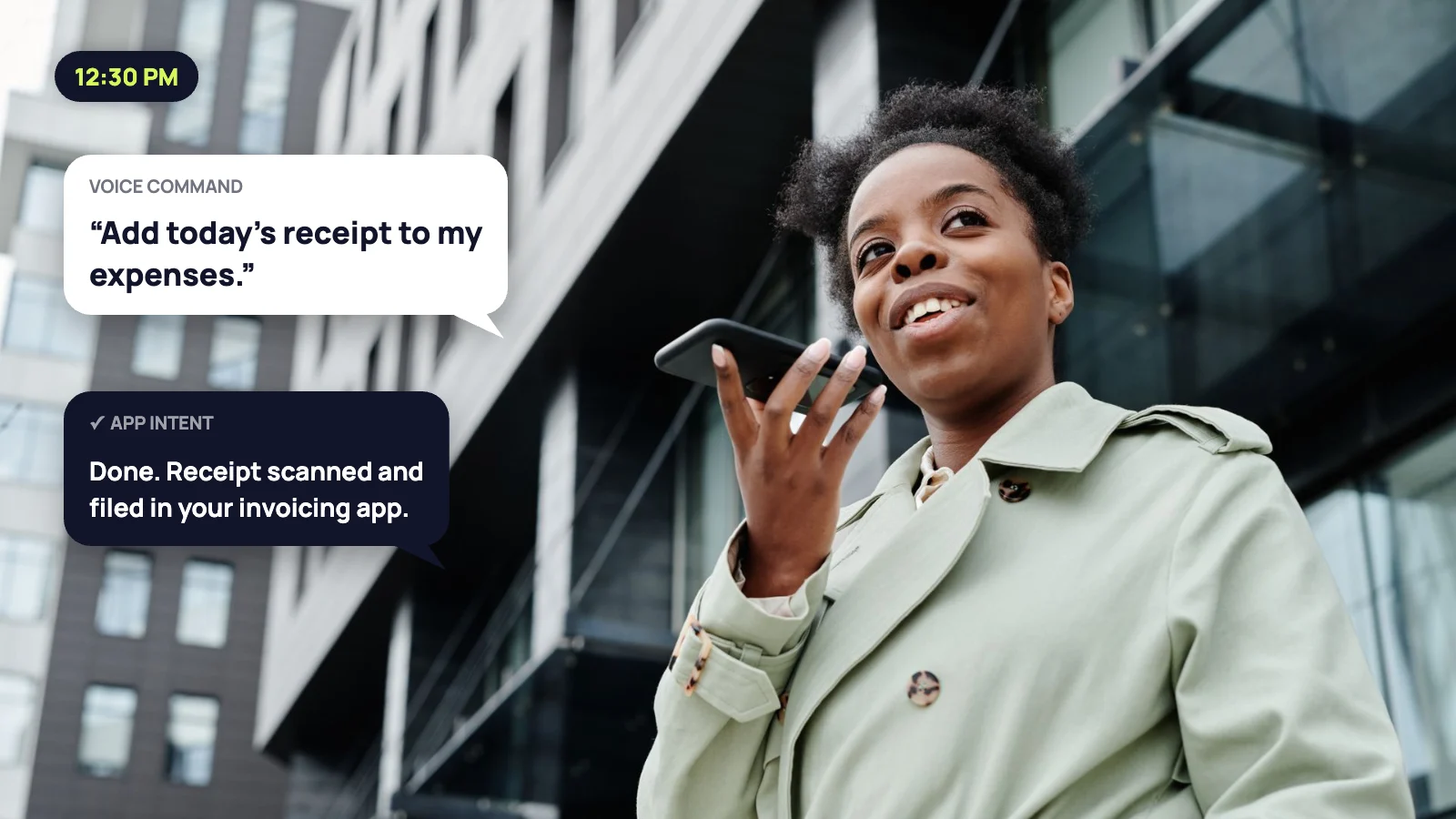 Woman giving a voice command to her phone; Siri runs an app action through App Intents