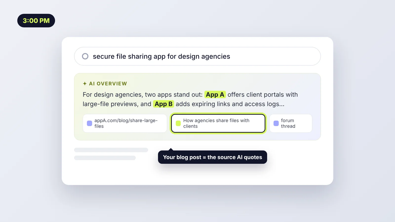 AI Overview in search results quoting an app maker’s blog post as a source