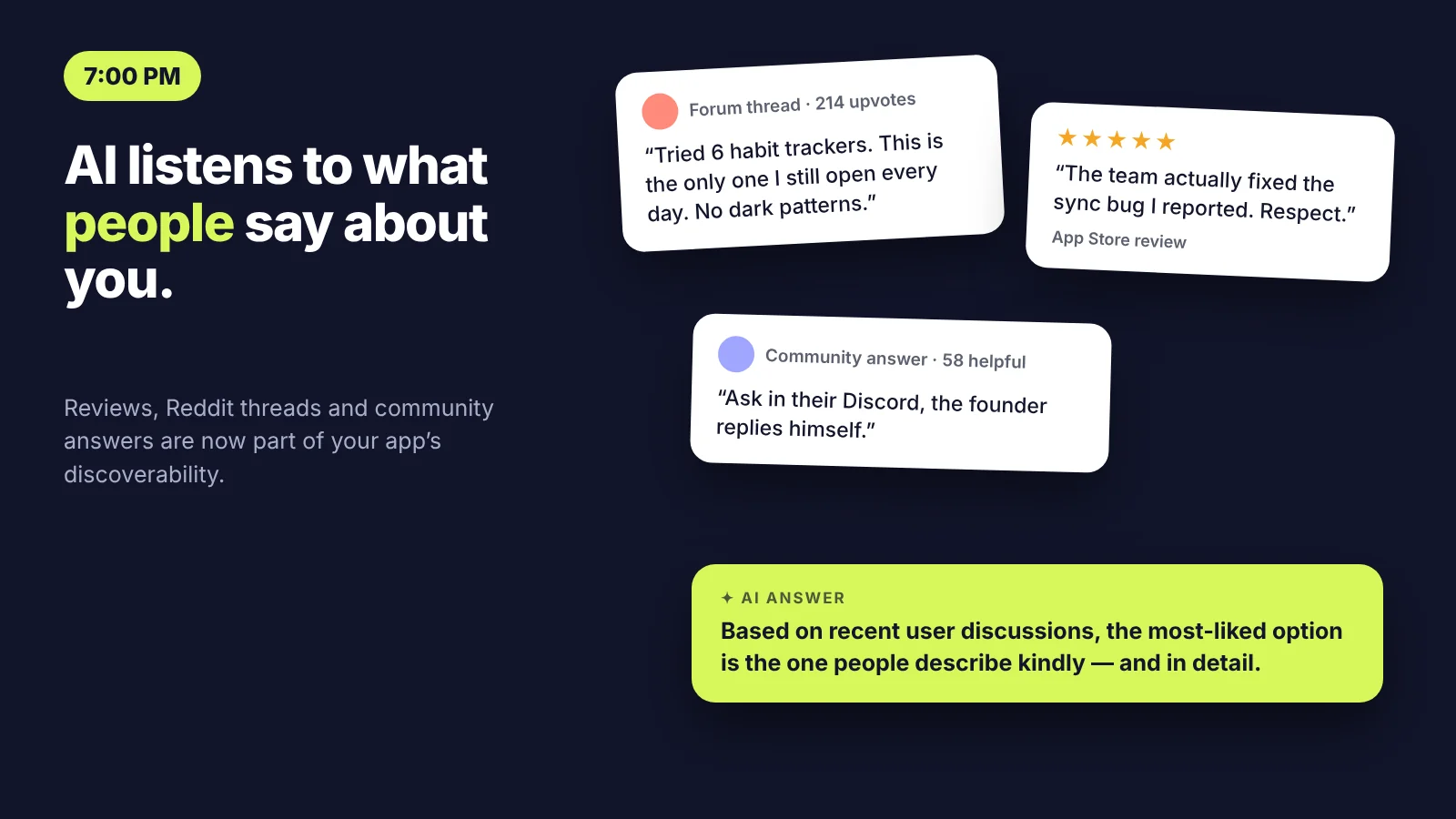 Reviews, forum threads and community answers that AI assistants use to recommend apps