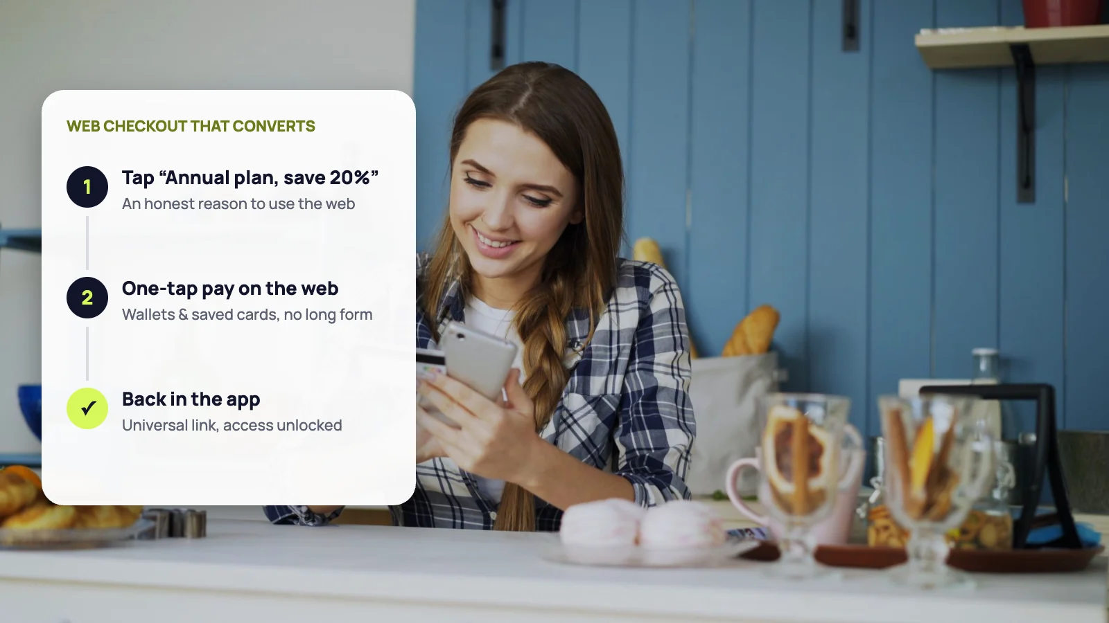 Woman paying on her phone through a three-step web checkout flow that returns to the app