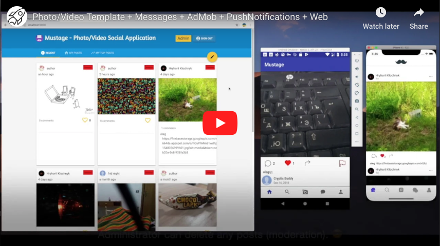 Easy to start. XCode 8 and higher. Support iOS 9+ and latest. Swift 4.0 ready. Push Notifications with Dashboard. Search users. Direct Messages. Follow/Unfollow users. Admob monetization (easy to configure). Analytics (build-in and it’s just works). Email and/or Google and/or Facebook authorization enabled. Photo feed (pagination enabled to optimize network usage). Video feed with auto-playback. Uploading photos and videos with progress bars. Realtime Likes and comments (it feels like a chat). Website version (images and comments)