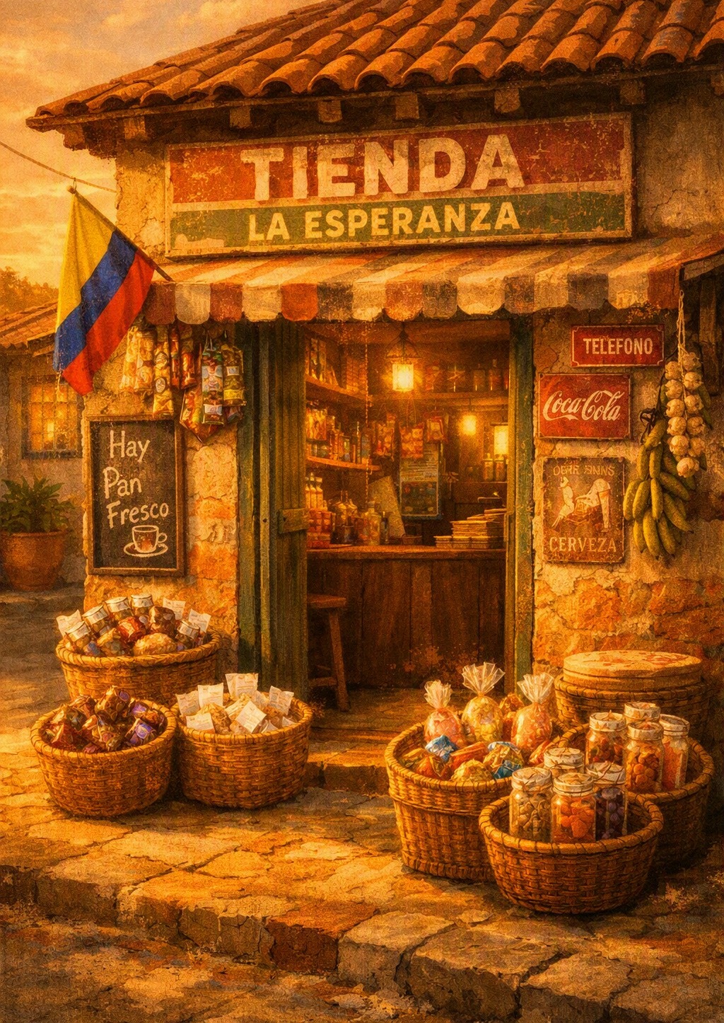 Tienda de barrio, da nombre a este poema. Cada dulce guarda una historia, cada canasto una voz del pueblo.