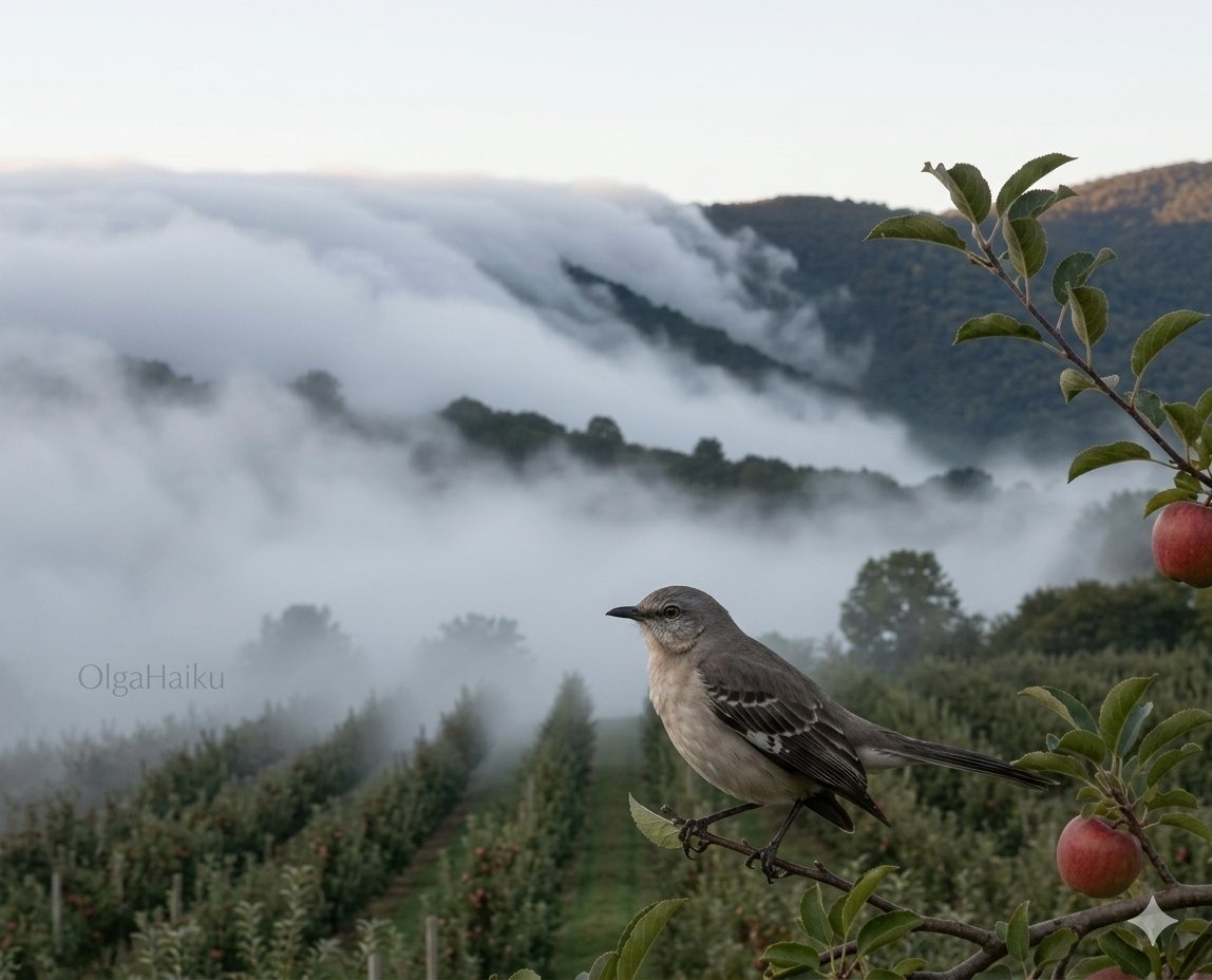 Un sinsonte canta sobre la rama de un manzano en primer plano, mientras una densa ola de niebla desciende majestuosamente entre las montañas.