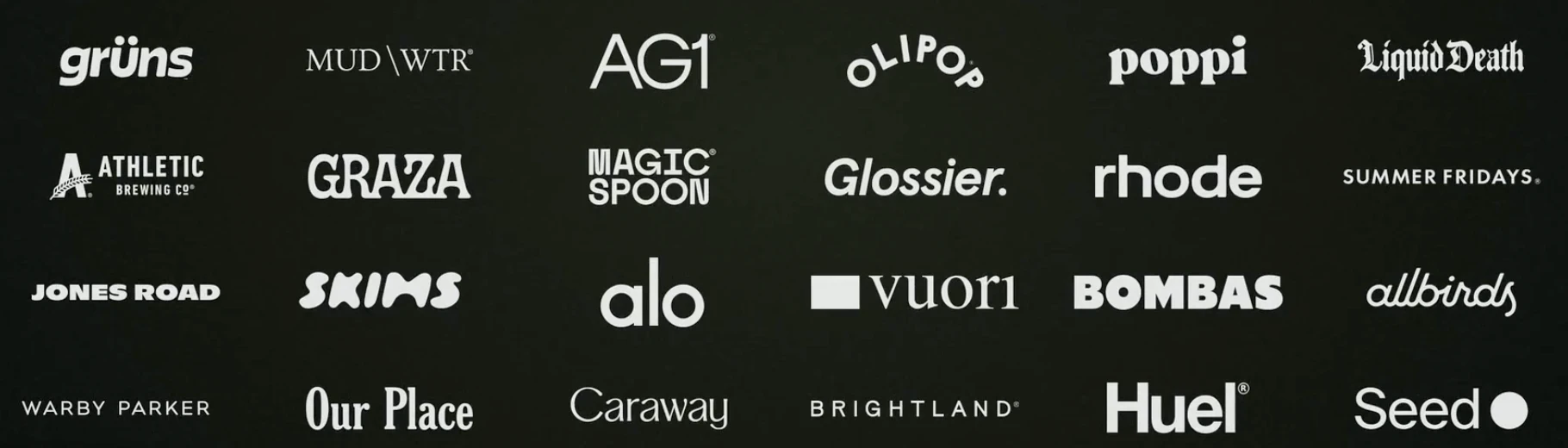 Logos of top DTC brands Olivia studies, including Glossier, AG1, SKIMS, Liquid Death, Vuori and Warby Parker