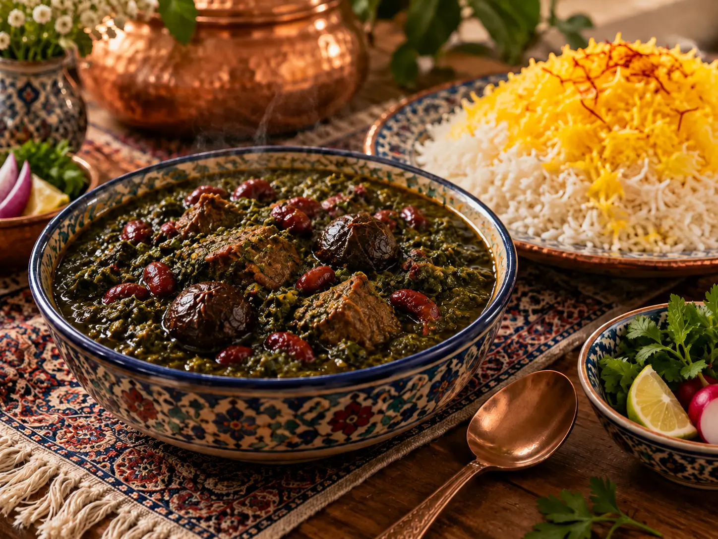 Ghormeh Sabzi, traditioneller persischer Kräutereintopf mit Fleisch, Bohnen und getrockneten Limetten, dazu Safranreis