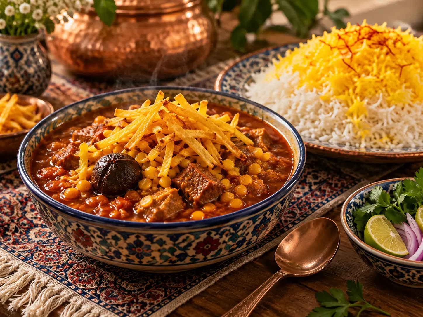 Persischer Gheymeh-Eintopf mit zartem Fleisch, gelben Spalterbsen und knusprigen Kartoffelstreifen, serviert mit Safranreis