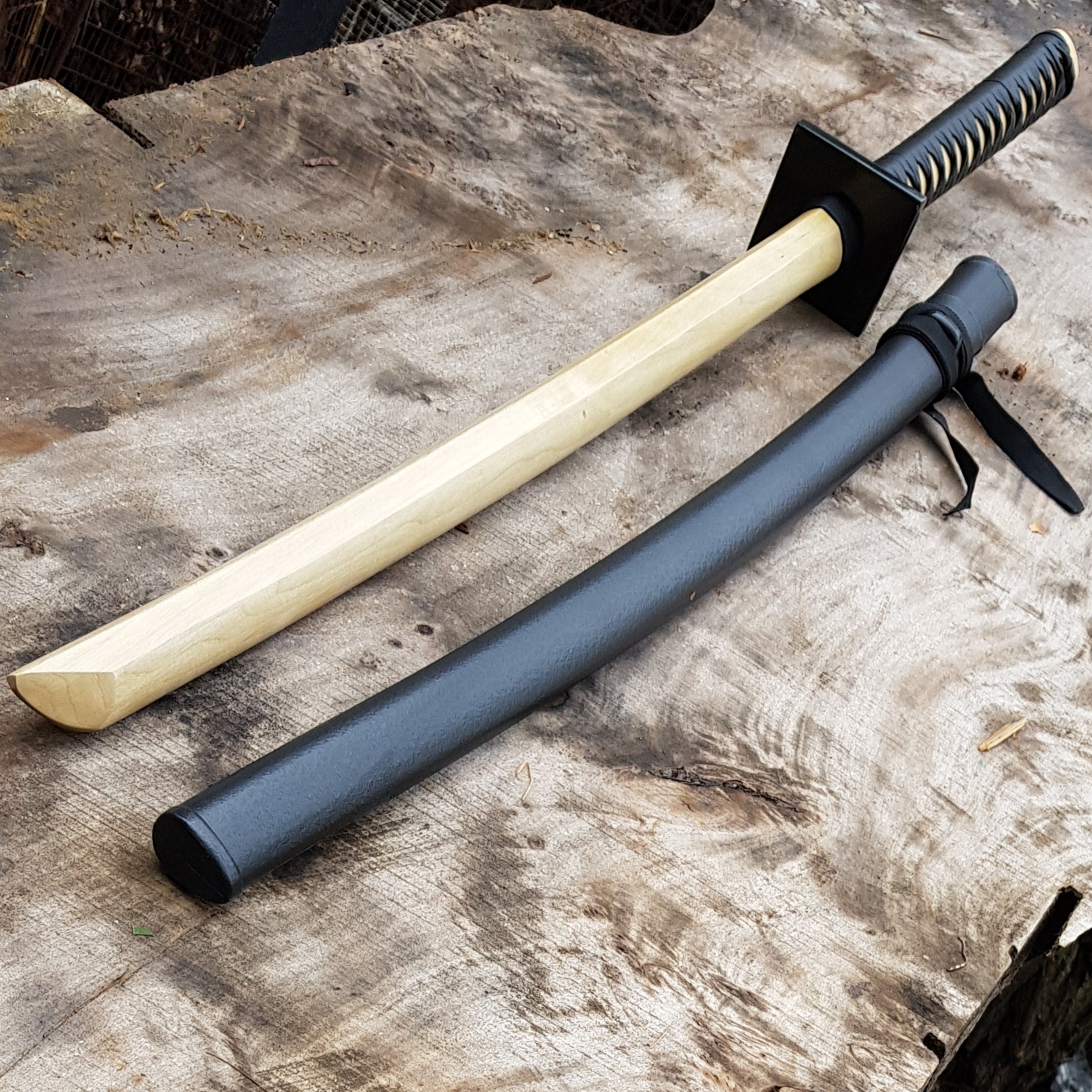 Ninjato bokken 103 cm, European hornbeam, tsuba, plastic saya, and tsukamaki handle braid