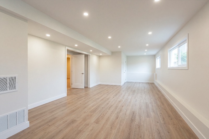 unfinished framing shown as a finished room