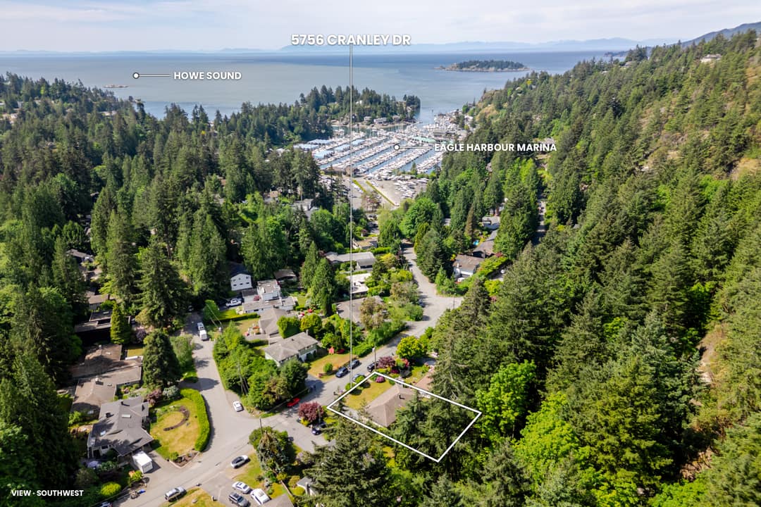 Annotated aerial drone shot with labelled landmarks showing a Horseshoe Bay property's proximity to Eagle Harbour Marina and Howe Sound, giving buyers instant geographic context.