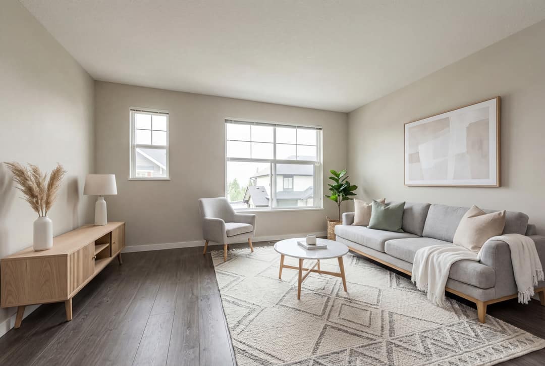 A before-and-after virtual staging transformation in Coquitlam, showing the transition from an empty living room with dark laminate flooring to a bright, Scandinavian-inspired space featuring a grey sectional, light wood furniture, and a neutral geometric rug.