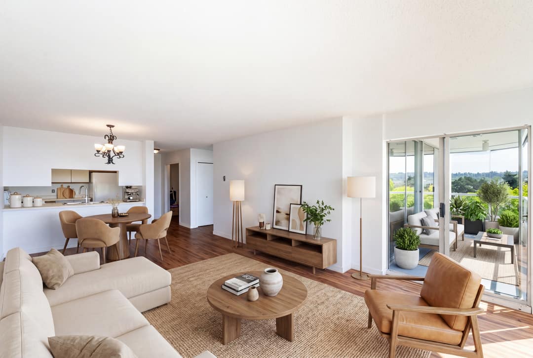 Staged living, dining, and kitchen flowing onto a covered patio, highlighting the suite's indoor-outdoor layout and natural light.
