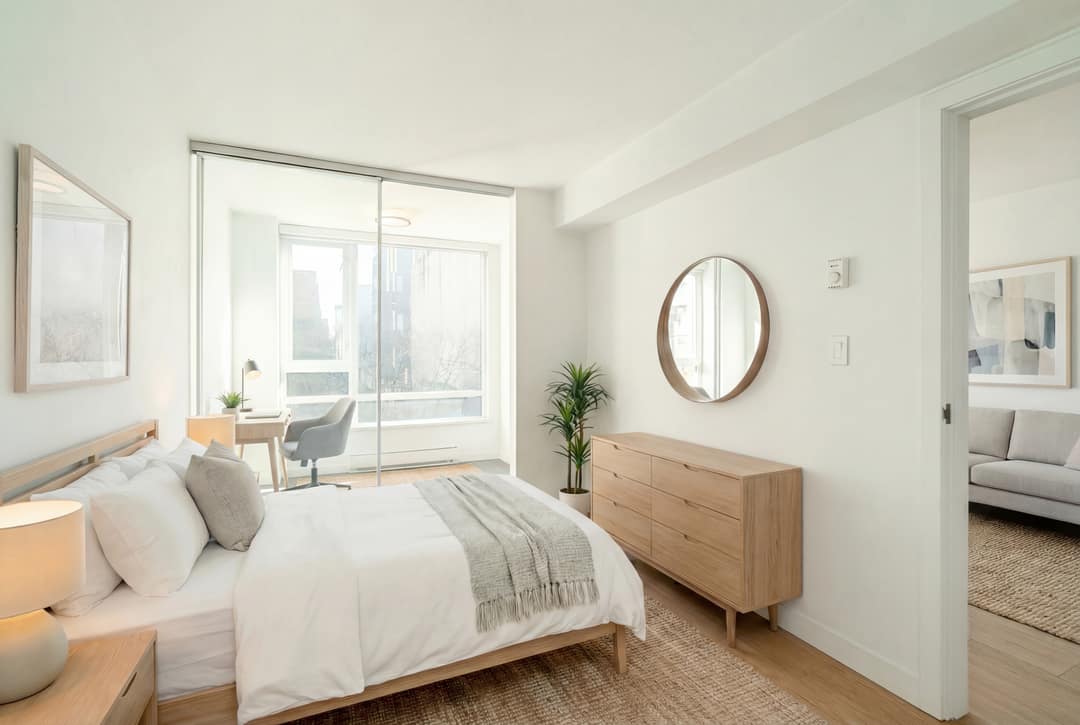 Before and after virtual staging of an empty Downtown Vancouver condo bedroom, furnished with a platform bed, wood dresser, round mirror, and desk nook to showcase the room's full potential.