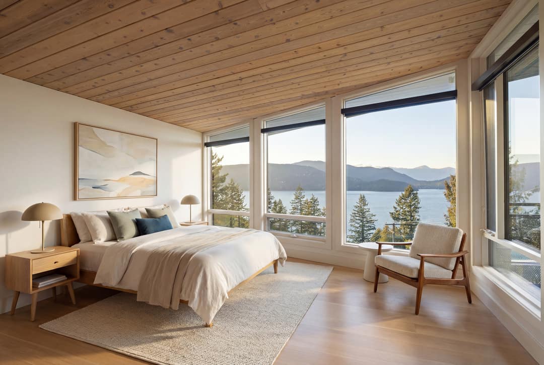 A before-and-after AI-enhanced interior transformation of a primary bedroom in West Vancouver, transitioning from dated furnishings and heavy textiles to a West Coast Modern aesthetic with a low-profile bed, minimalist wood accents, and clean architectural lines.