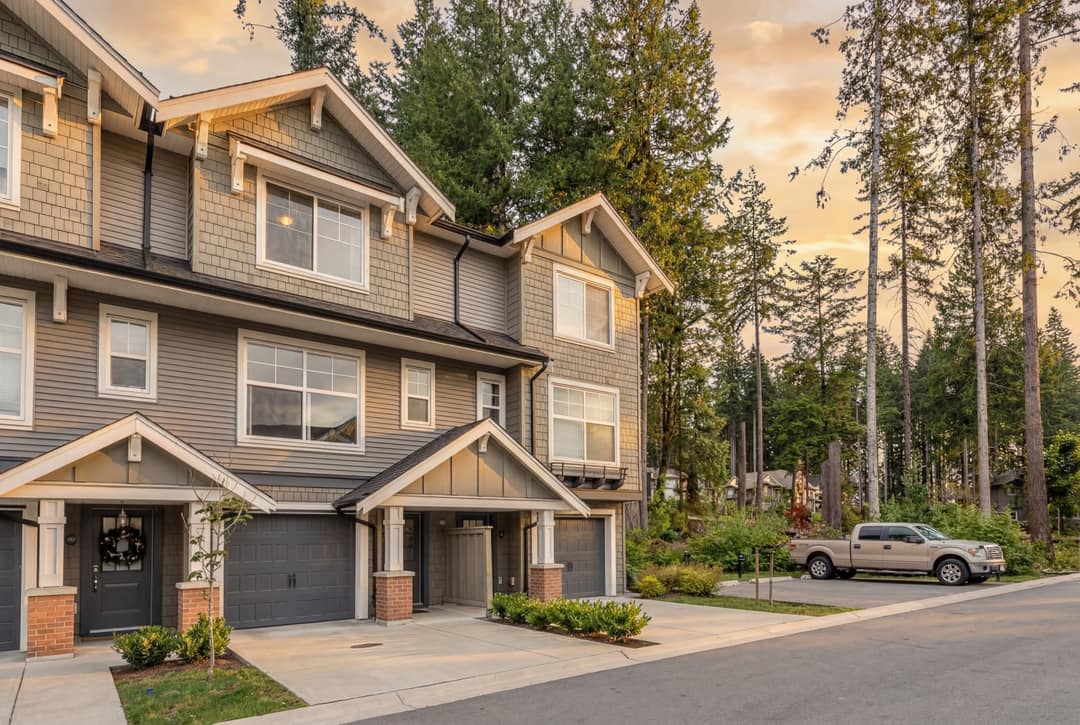 A before-and-after AI image upscale and lighting transformation of a modern townhouse in Coquitlam, showing the transition from a low-quality, overcast original to a sharp, high-resolution professional photo with warm golden hour sunlight and enhanced textures.