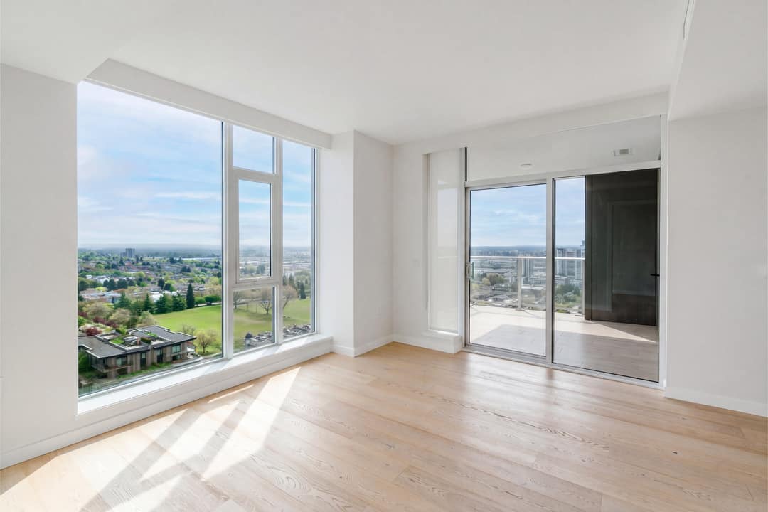 Vacant living room in a Cambie Gardens high-rise with corner floor-to-ceiling windows and a sliding door to the balcony, flooding the space with natural light and city views.