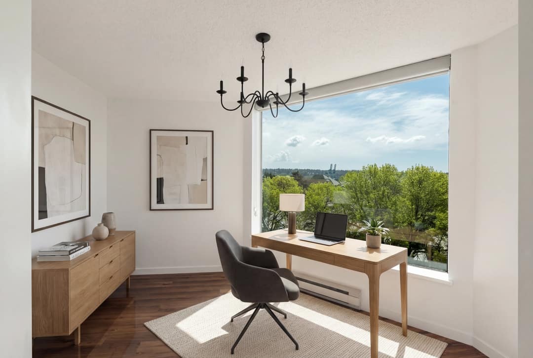 Virtually staged den showing buyers how the flex space works as a bright work-from-home setup with a treetop view.