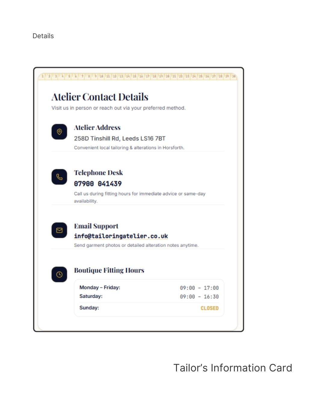 Responsive mobile interface of The Tailoring Atelier website held in hand with clear booking actions