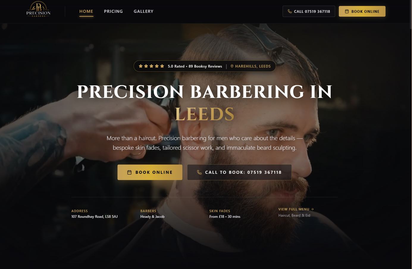 Precision Barbers bespoke barbershop website design
