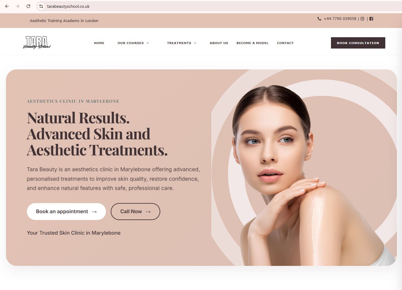 Tara Beauty aesthetics training academy website design