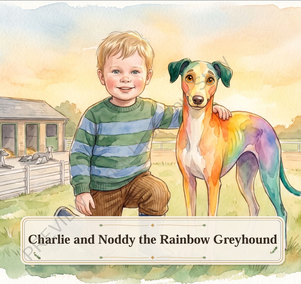 Charlie and Noddy the Rainbow Greyhound, a personalised storybook cover