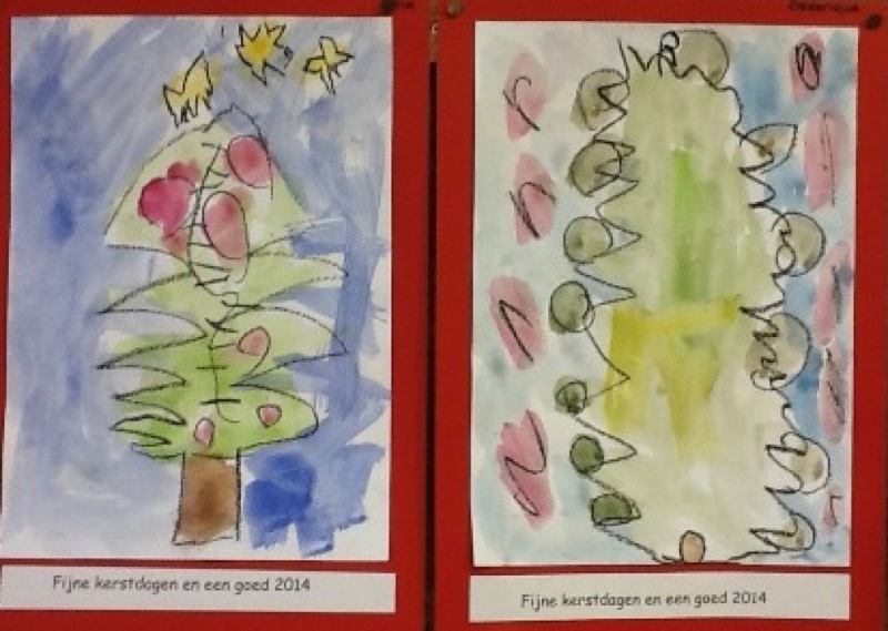 Voorbeeld van Kerstboom met wasco en waterverf