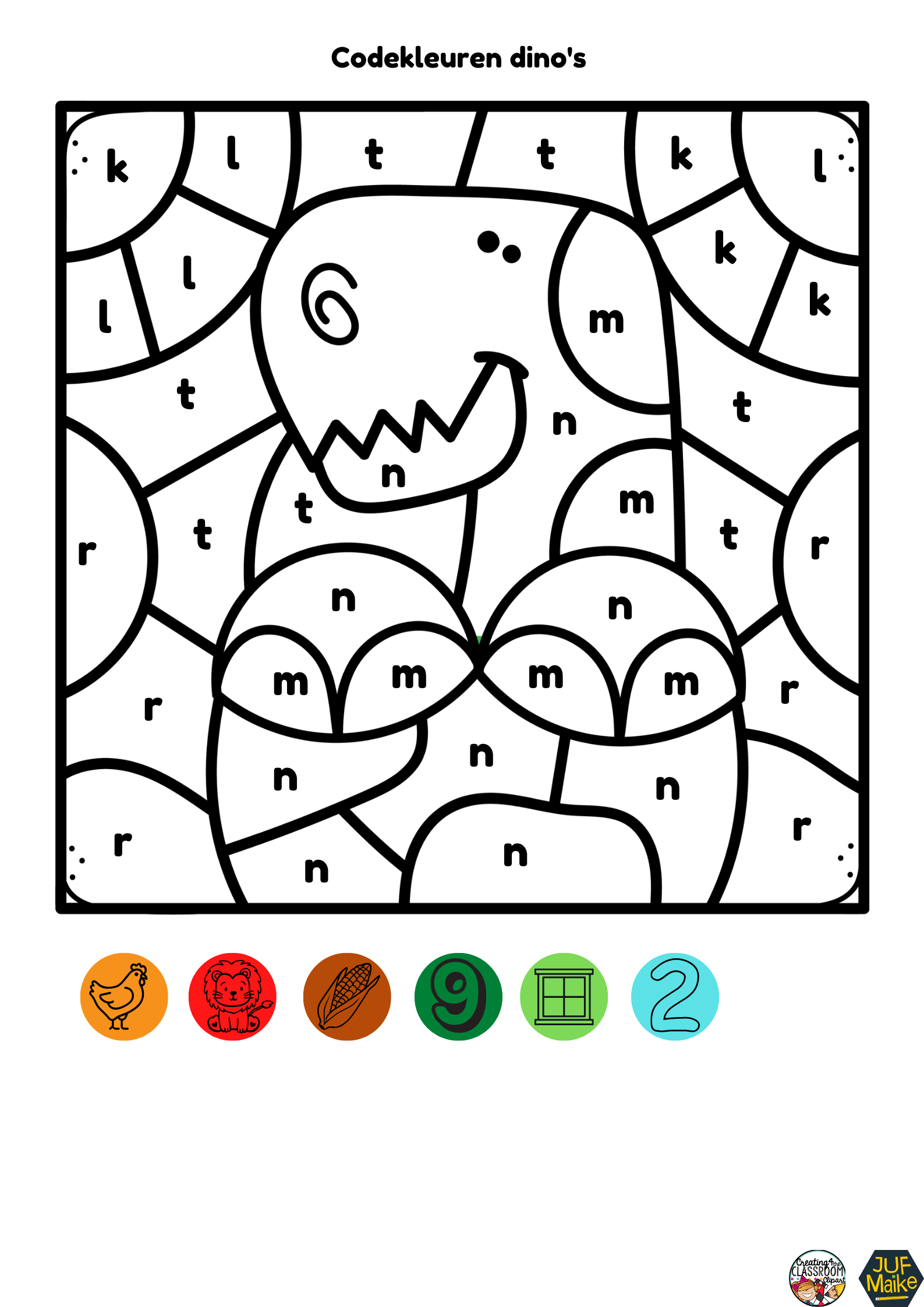 Voorbeeld van Werkblad Kleuren op Code: Dinosaurus Letters