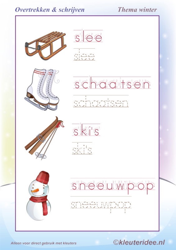 Voorbeeld van Overtrekken en schrijven winterwoorden