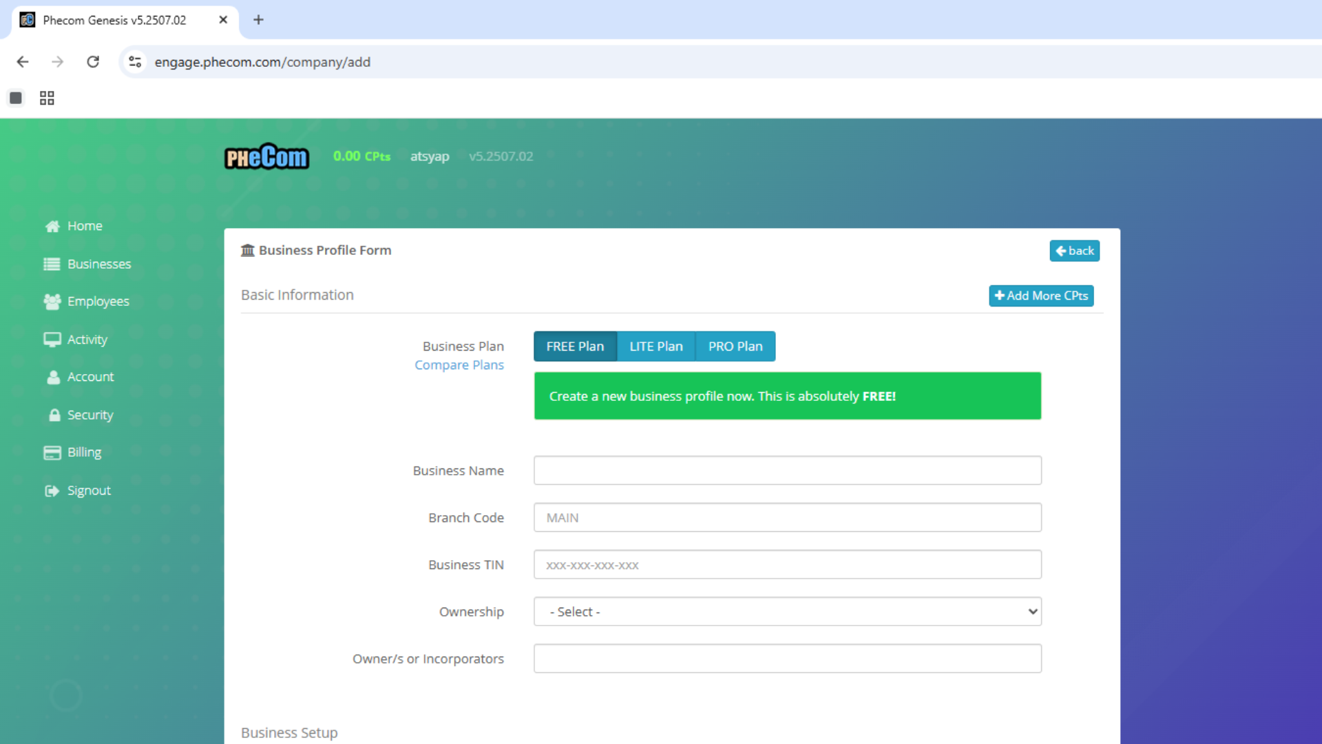 Fill Up Business Profile Form