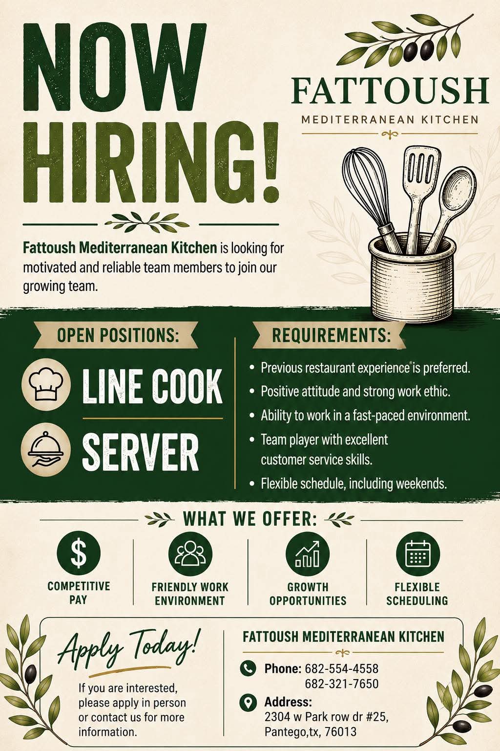 Now Hiring Line Cook & Server