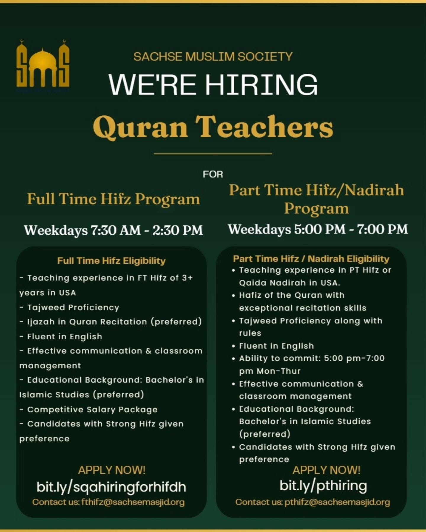 📢 SMS Masjid Hiring Quran Teachers! | Full-time & Part-time Roles